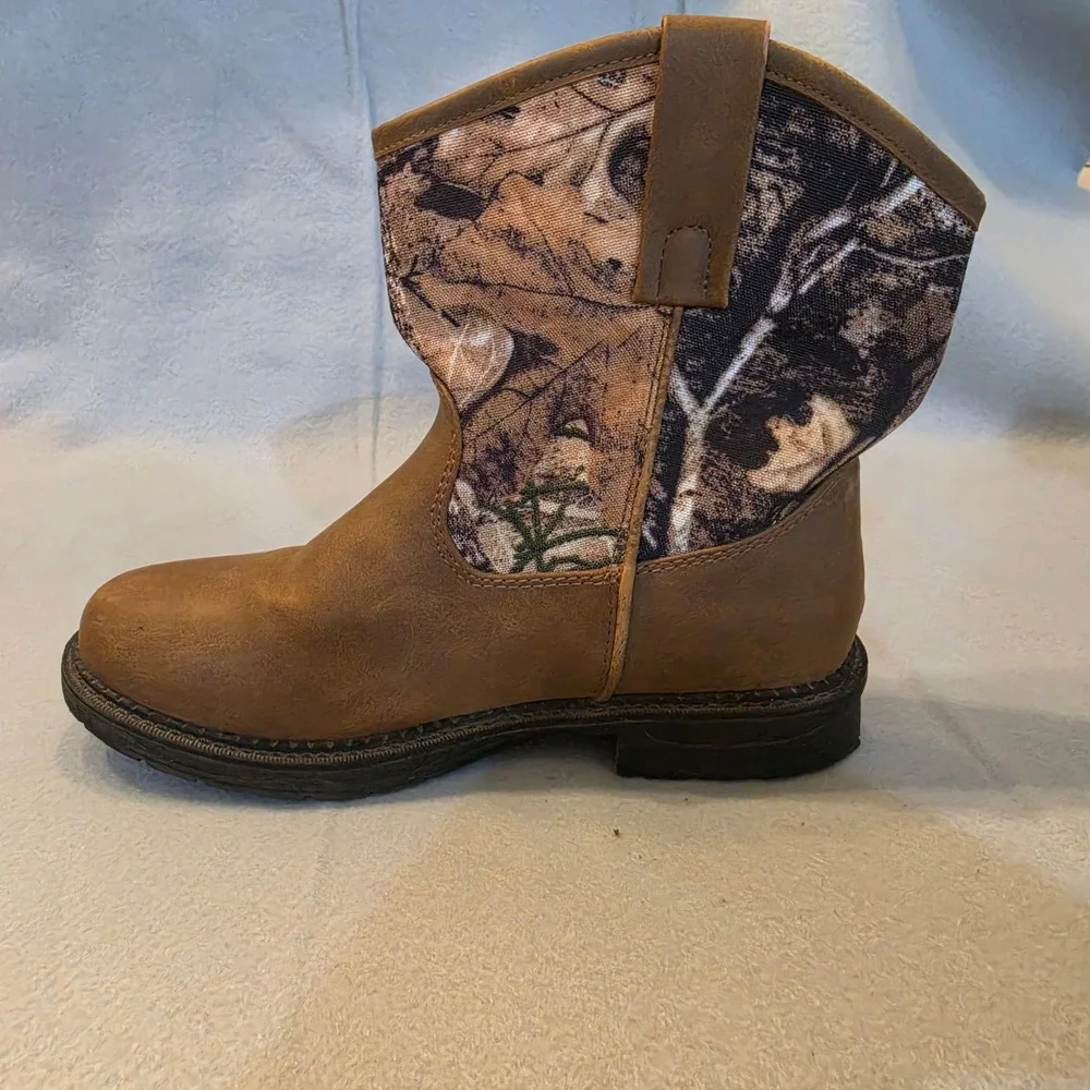 Max Western Boots Kids 4M Brown Camo Good Pull On Rugged
